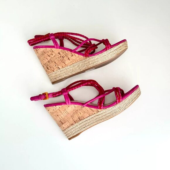PRADA Strappy Suede Slingback Cork Wedge Sandals in Fuchsia Red Size 38.5 US 8.5 - Picture 6 of 10